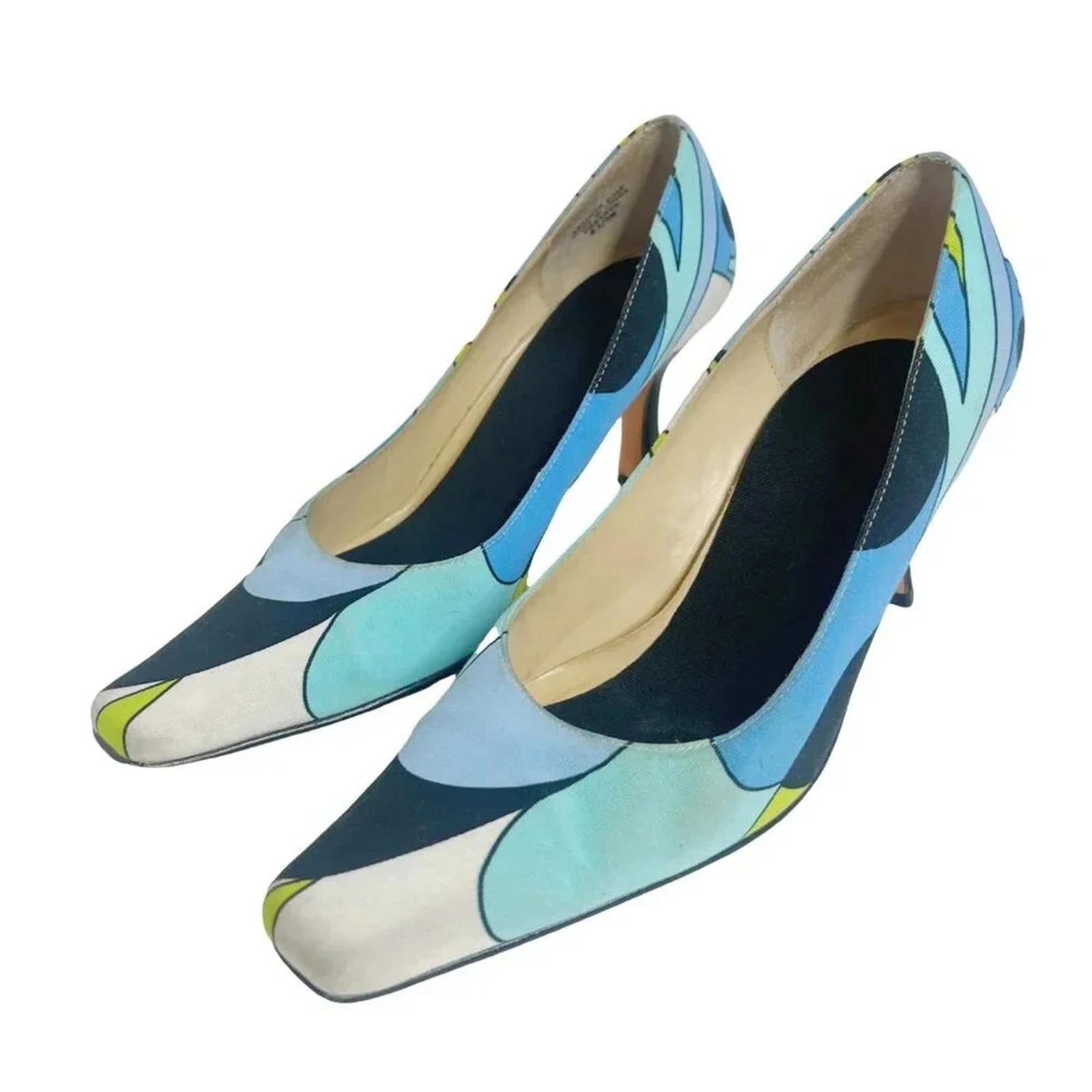 Y2K Vintage Karen Scott Blue and Green Mod Print Pumps Women's Size 6.5