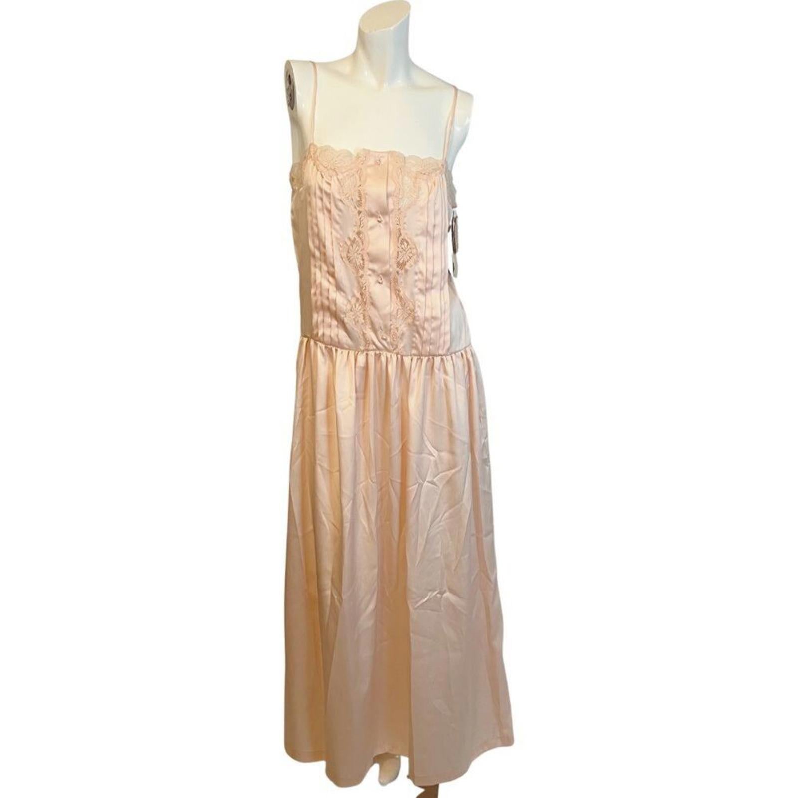 NWT 1970s Vintage Lily of France Light Pink Lace Satin Dress Gown Size S