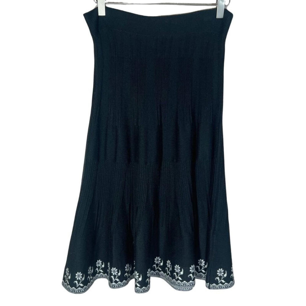 Anthropologie Lapis Black Knit Midi Skirt White Floral Boho Bohemian Size S