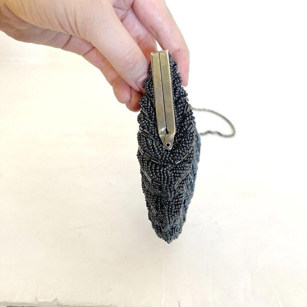 Vintage 80s La Regale Gunmetal Beaded Bag Clamshell Evening Bag Clutch