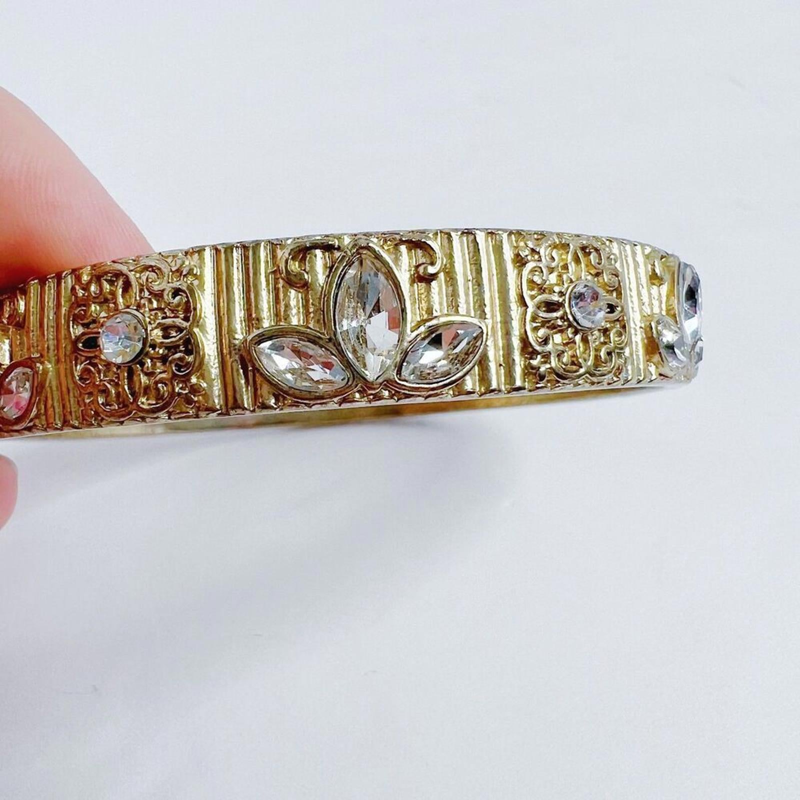 Gold Embossed Bracelet Bangle Rhinestone Flowers Boho Chic Bohemian