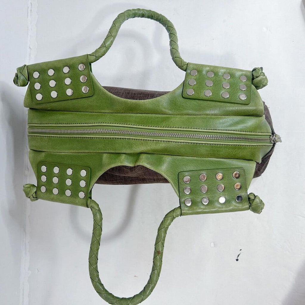 Matt & Natt Anthropologie Green Faux Leather Brown Studded Handbag Studded