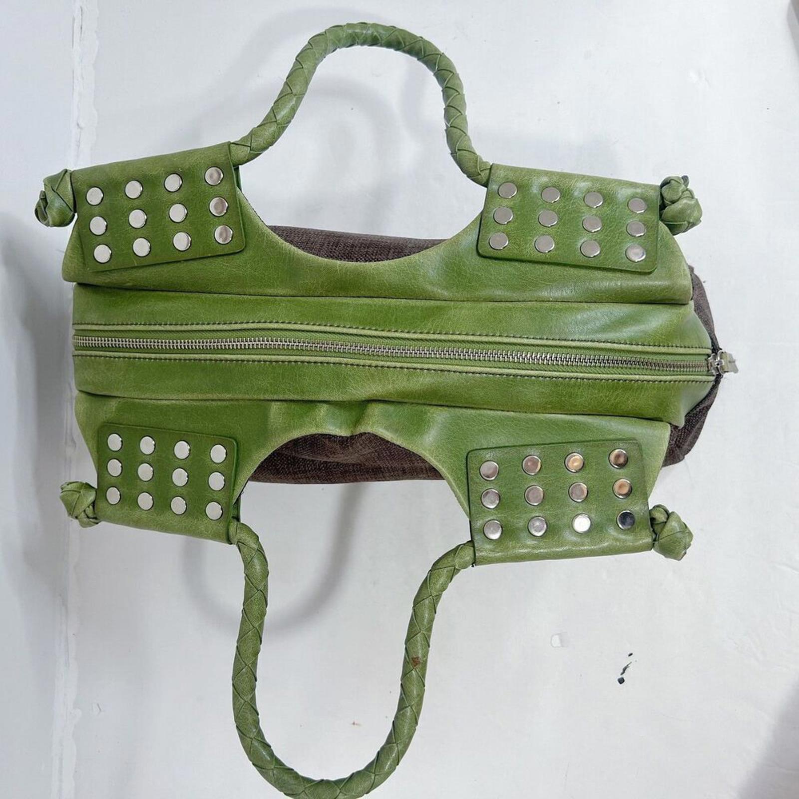 Matt & Natt Anthropologie Green Faux Leather Brown Studded Handbag Studded
