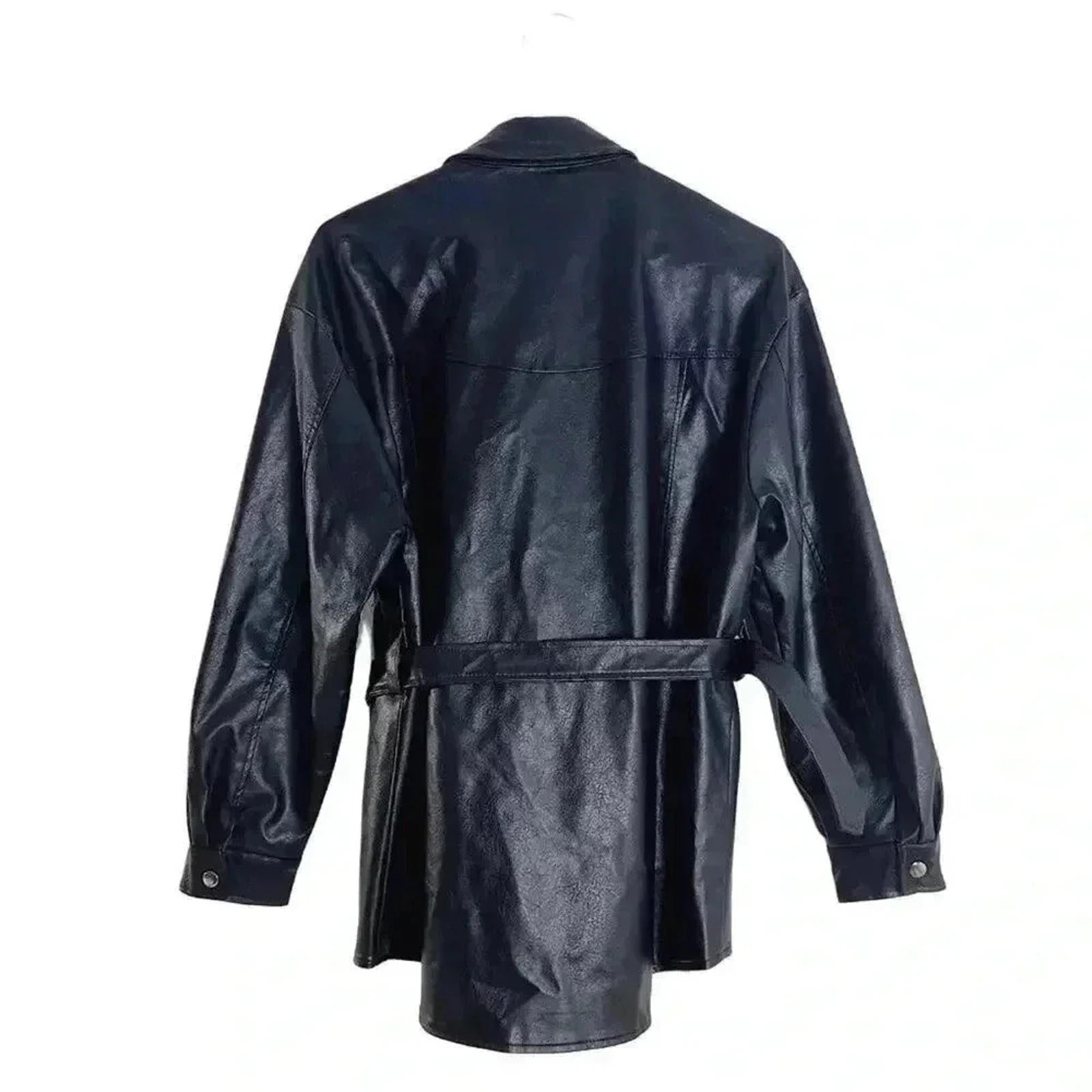Faux Leather Button Up Jacket Belted Women's Size S