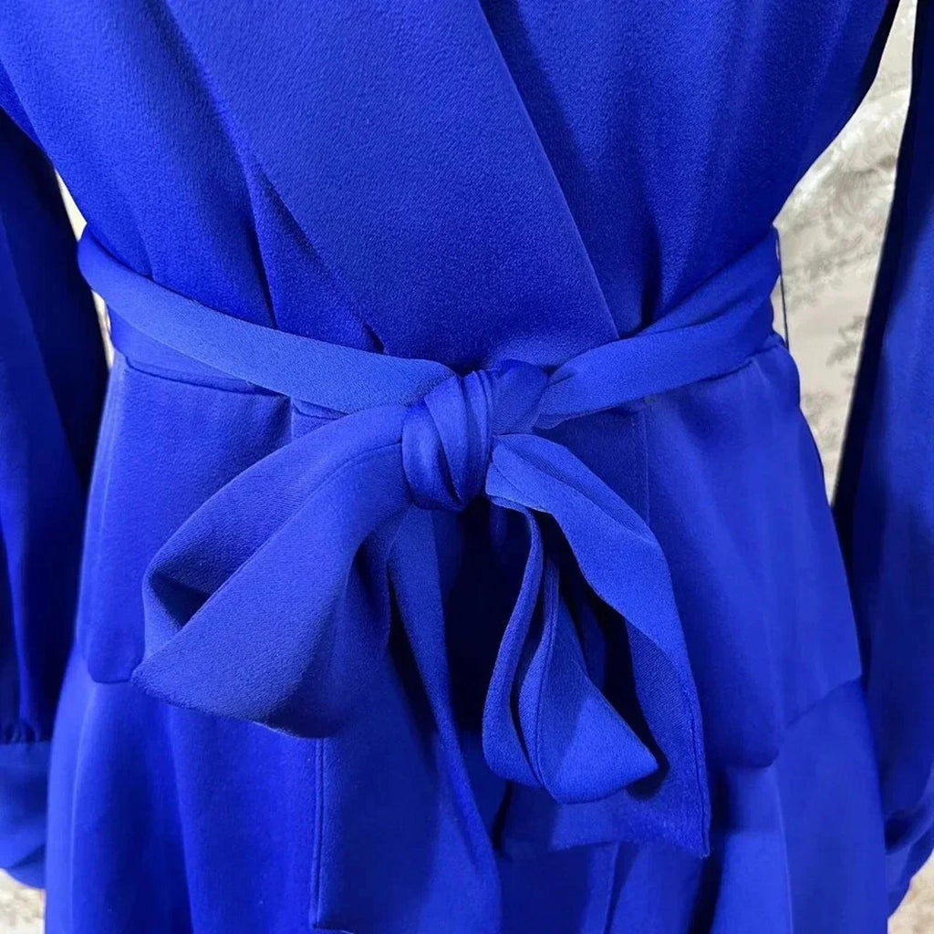 ALEXIA ADMOR Phoebe Ruffle Wrap Dress Blue Satin Dress Women's Size M