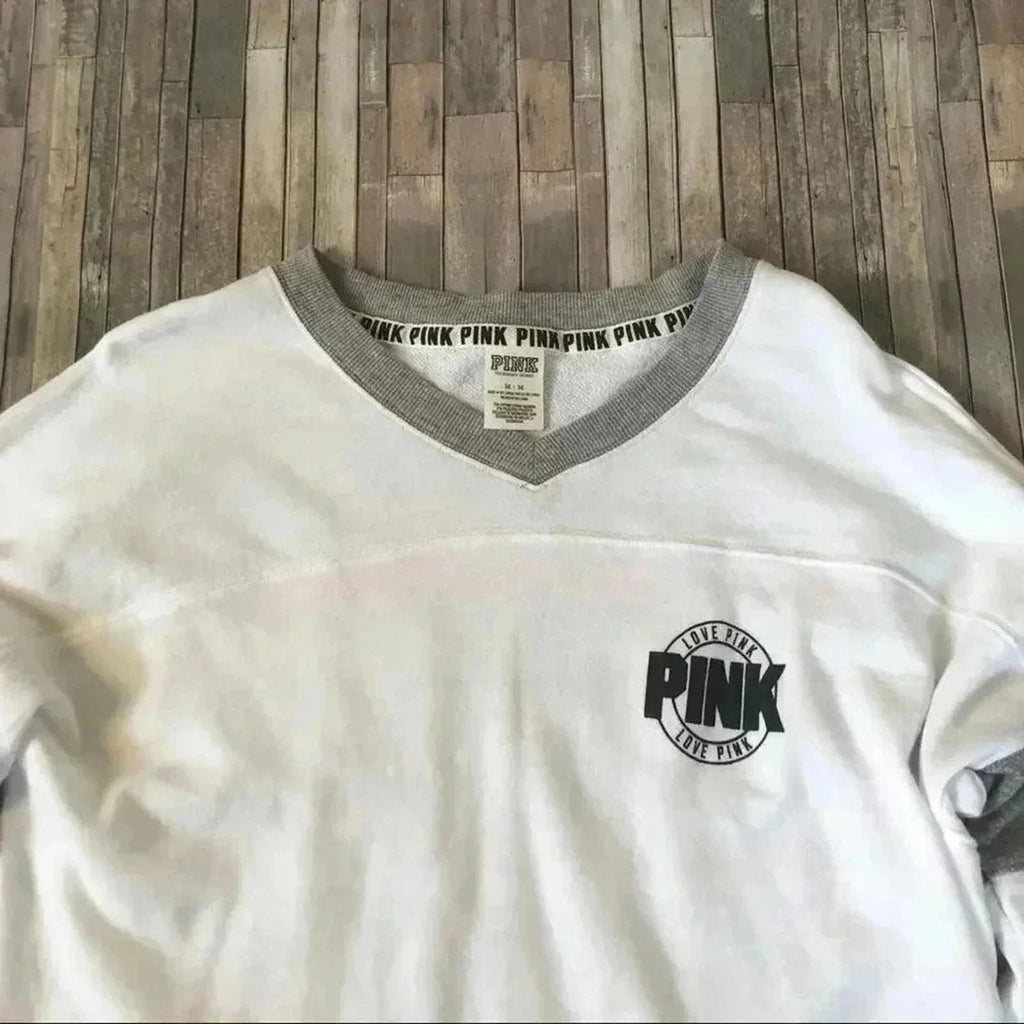VS PINK Victoria's Secret White Grey Crewneck Pullover Sweatshirt Women's Size M