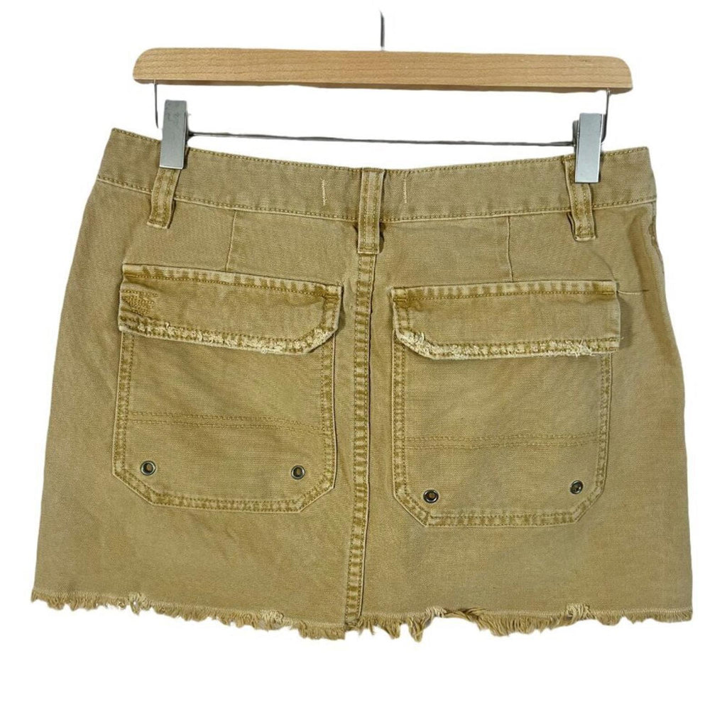 Free People Cargo Khaki Cargo Mini Skirt Distressed Raw Hem Tan Women's Size 28