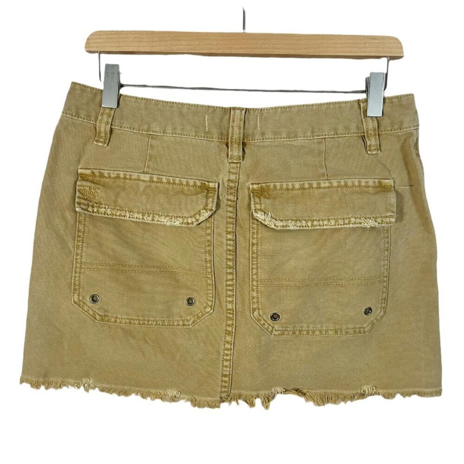 Free People Cargo Khaki Cargo Mini Skirt Distressed Raw Hem Tan Women's Size 28