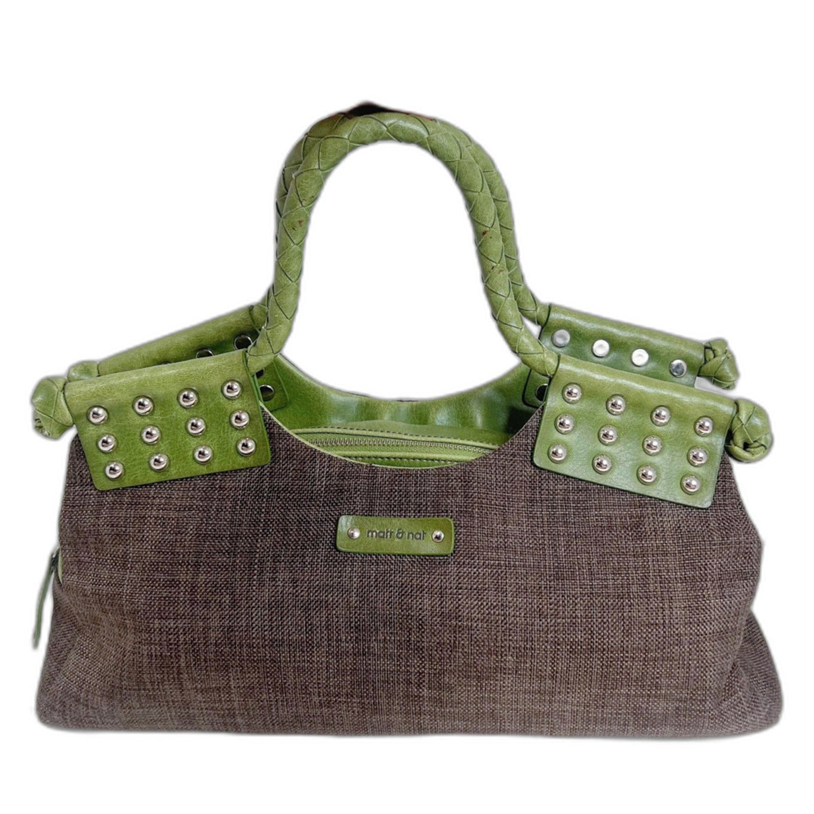 Matt & Natt Anthropologie Green Faux Leather Brown Studded Handbag Studded