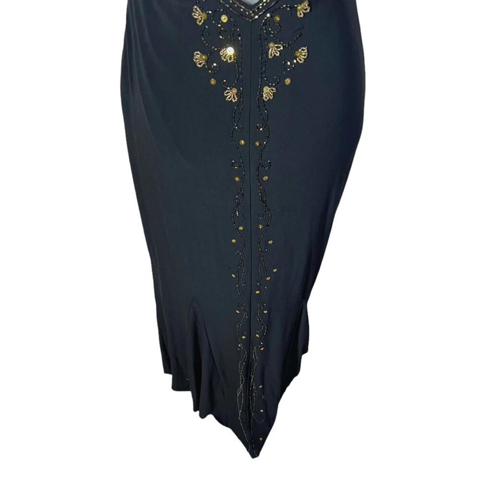 Vintage Dave & Johnny Black Gold Beaded Gown Mesh Detailing Formal Dress Size 8