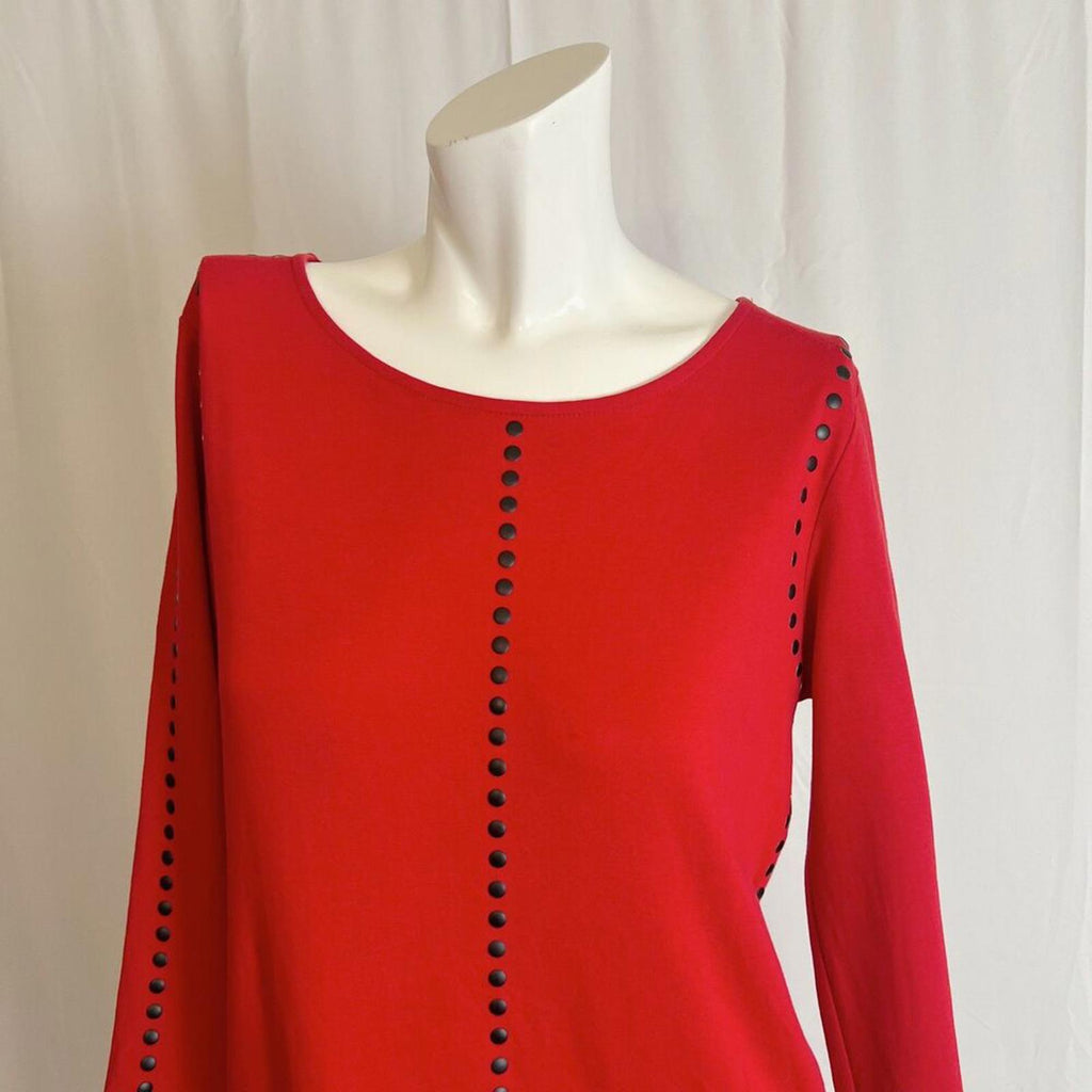 Joan Vass Red Long Sleeve Dress Black Dots Studs Women's Size 1 M