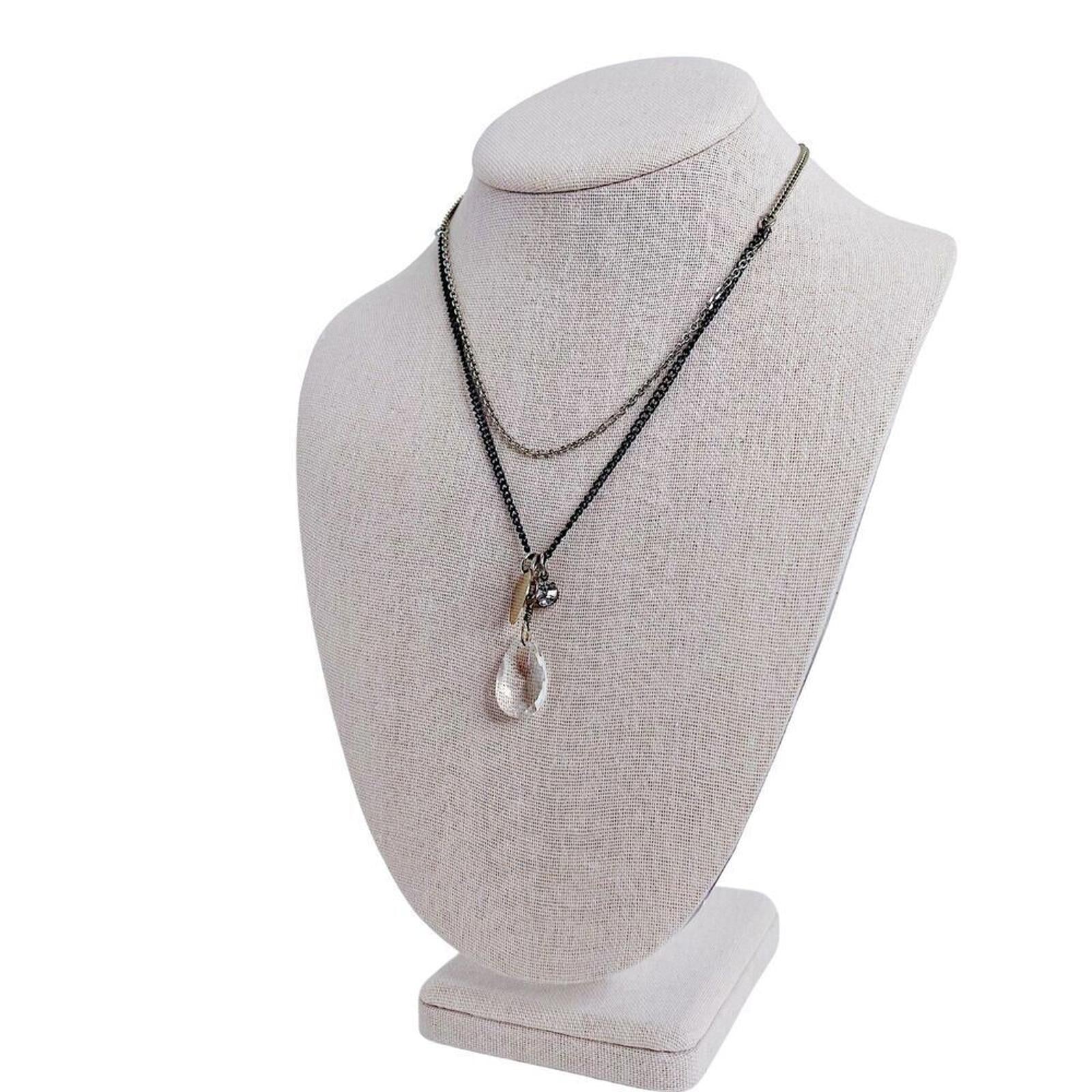 Vintage Double Stranded Chain Necklace Clear Rhinestone Pendant Boho Bohemian