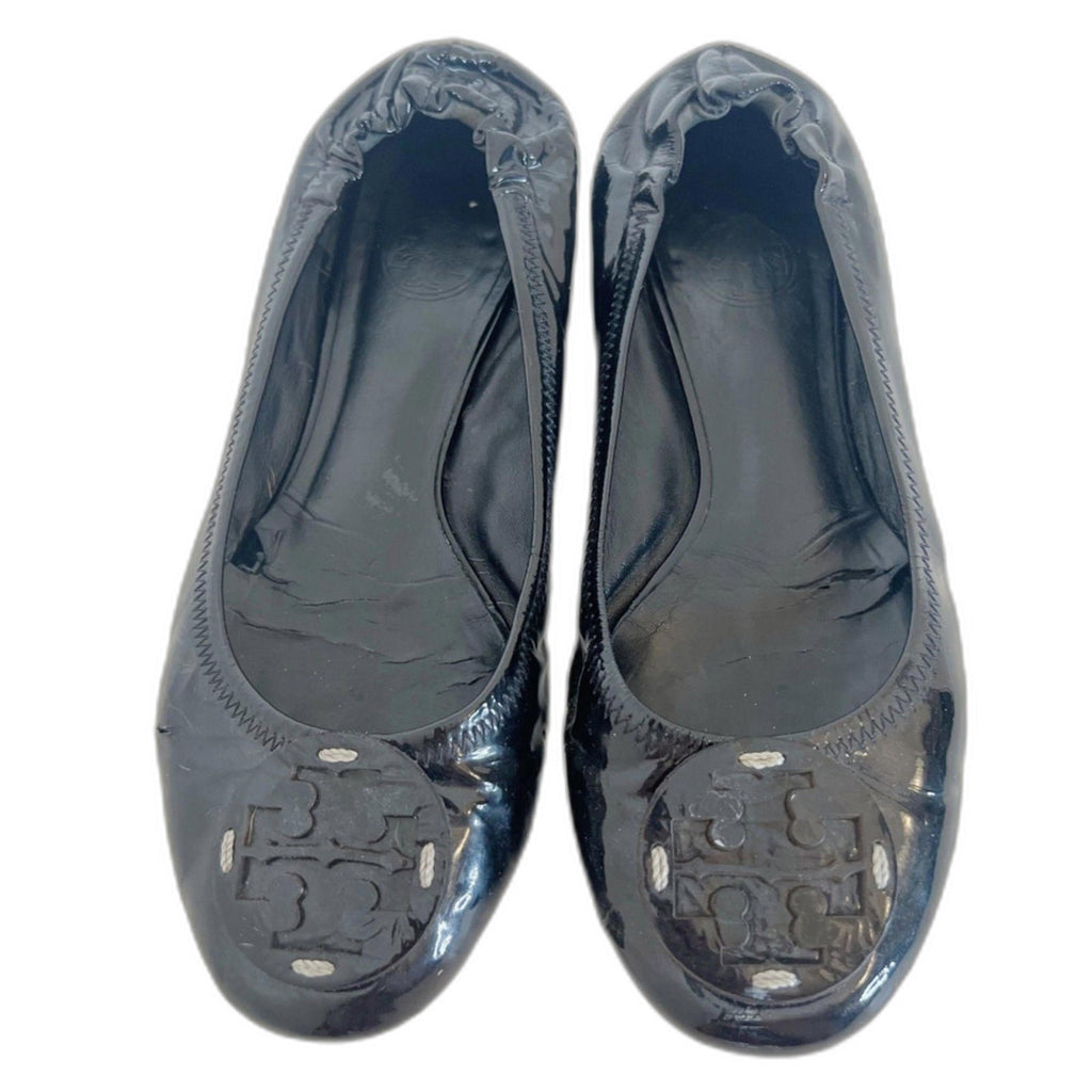 Tory Burch Reva Travel Black Patent Leather Ballet Flats Leather Emblem Size 9