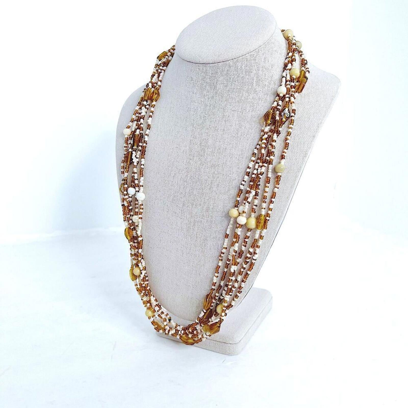 Brown and White Beaded Multistrand Seed Bead Statement Necklace Boho