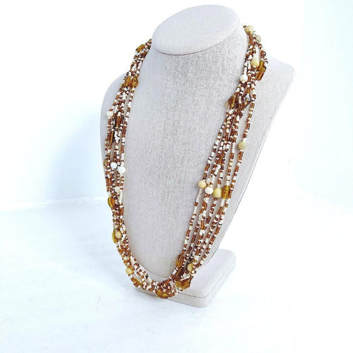 Brown and White Beaded Multistrand Seed Bead Statement Necklace Boho