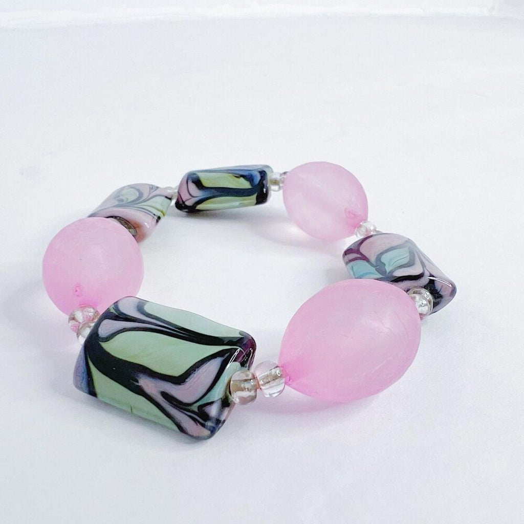 y2k Vintage Pink and Green Beaded Bracelet Murano Swirl Beads