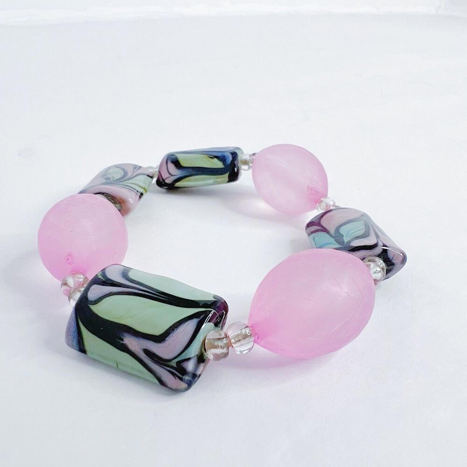 y2k Vintage Pink and Green Beaded Bracelet Murano Swirl Beads