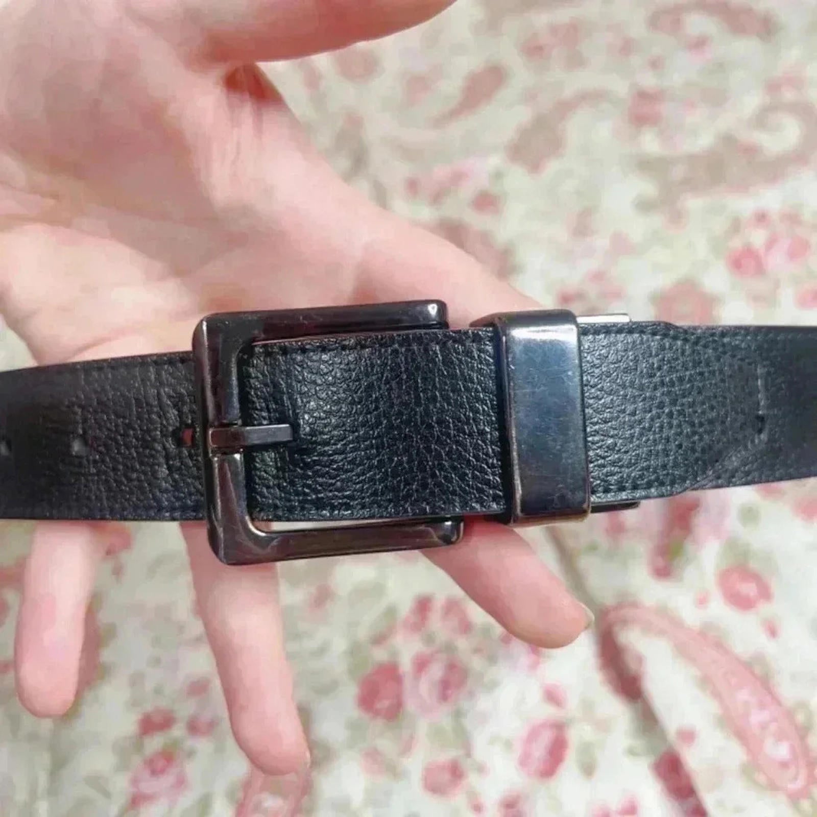 Men's Black Pebbled Leather Belt Gunmetal Buckle Brown Interior Size 36