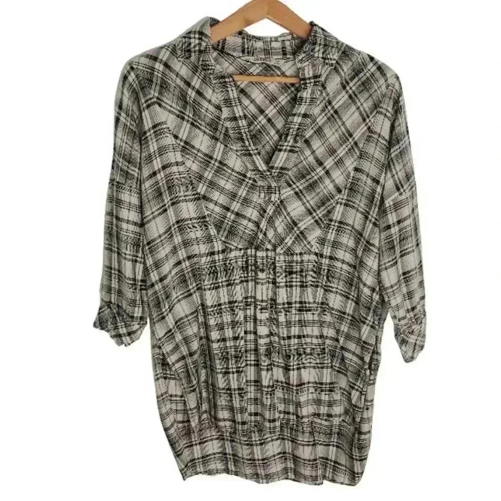 Zara Basic Black Cream Plaid Long Sleeve Tunic Blouse Women's Size XS