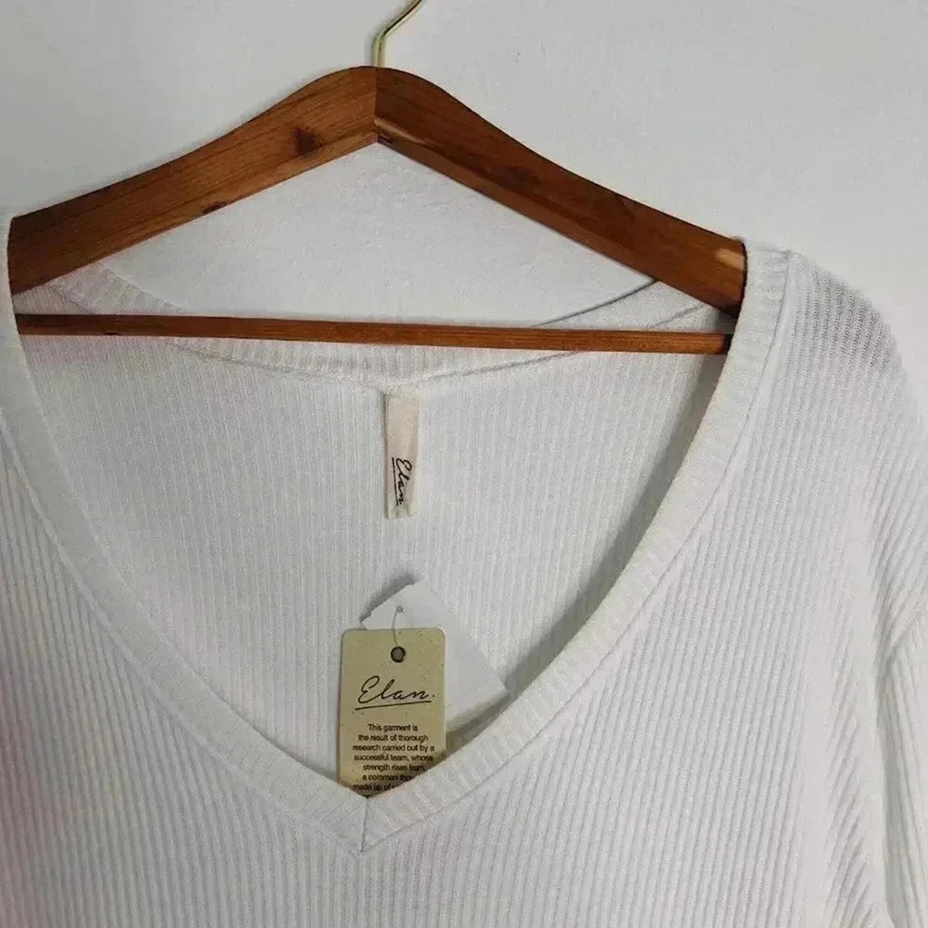 NWT Elan White Ribbed V Neck Long Sleeve Shirt Women's Size M