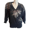 Vintage 80s Bonnie Boerer Black Silver Beaded Embroidered Wrap Sweater Size S