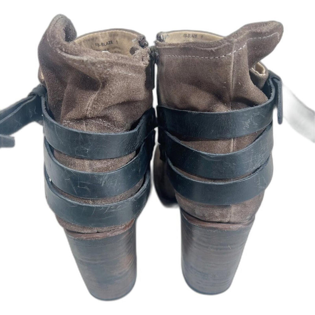 Freebird Blaze Brown Leather Booties Black Buckle Heeled Ankle Boot Size 9
