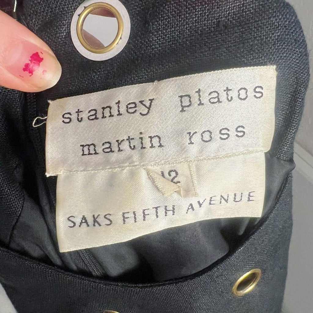 1980s Vintage Stanley Platos Martin Ross Black Shift Dress Grommets Size 12