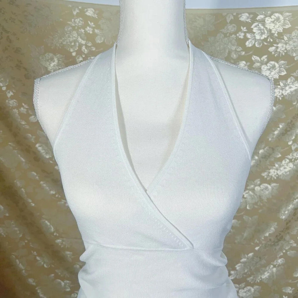 y2k Vintage Loft White Ribbed Crossover Halter Top Women's Size M