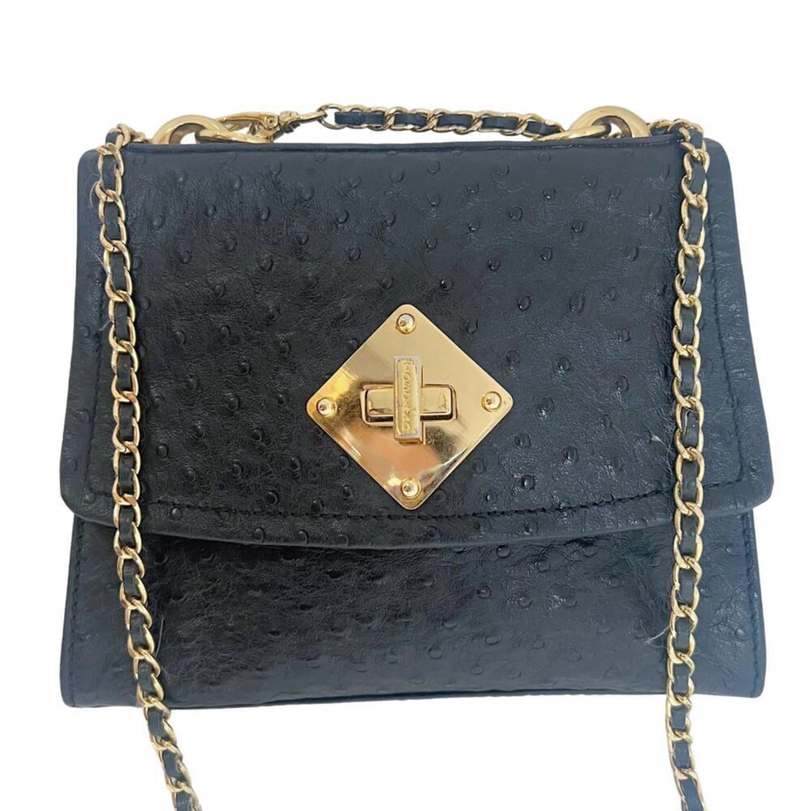 Vintage Tocco Toscano Black Ostrich Leather Structured Crossbody Bag Gold Chain