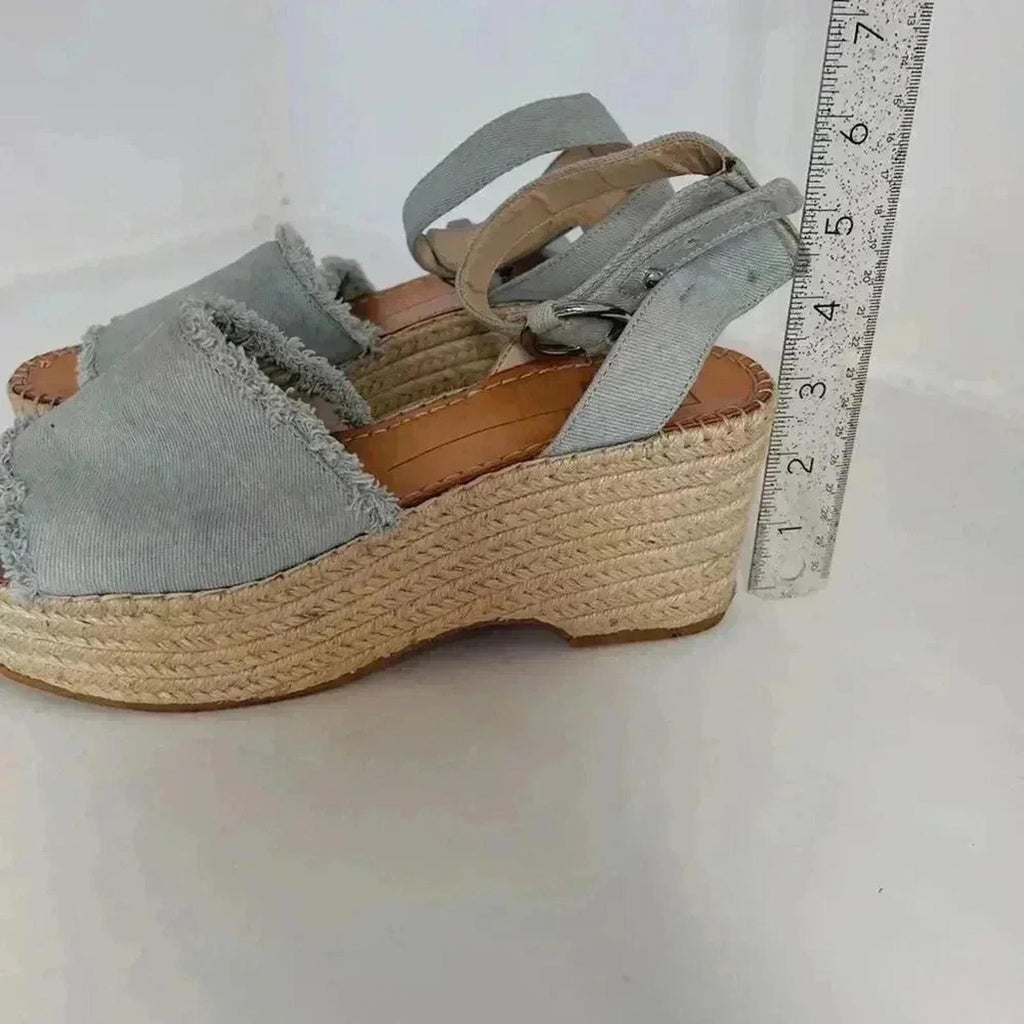 Dolce Vita Denim Platform Sandals Wedges Blue Cream Woven Women's Size 9.5