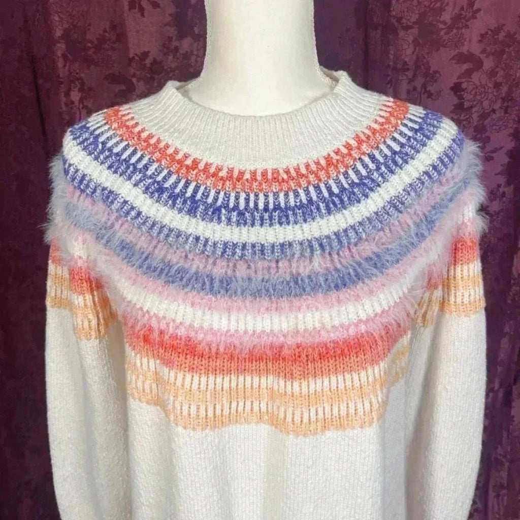 Christopher & Banks White Sweater Colorful Stripes Fuzzy Knit Crewneck Size XL
