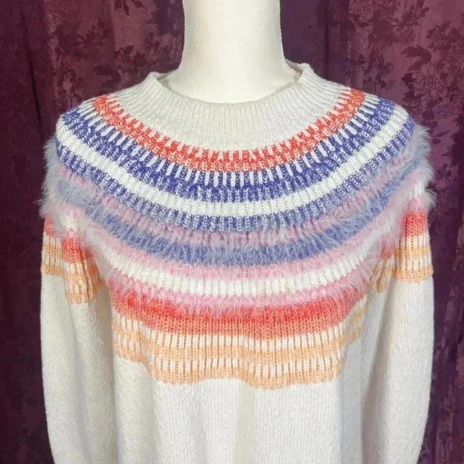 Christopher & Banks White Sweater Colorful Stripes Fuzzy Knit Crewneck Size XL