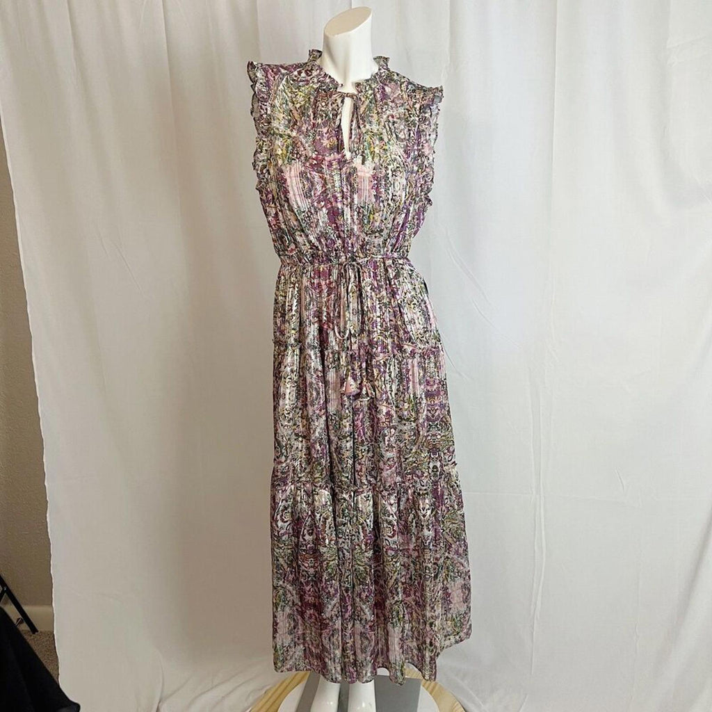 NWT Socialite Metallic Floral Print Tiered Sleeveless Purple Green Dress Size XL