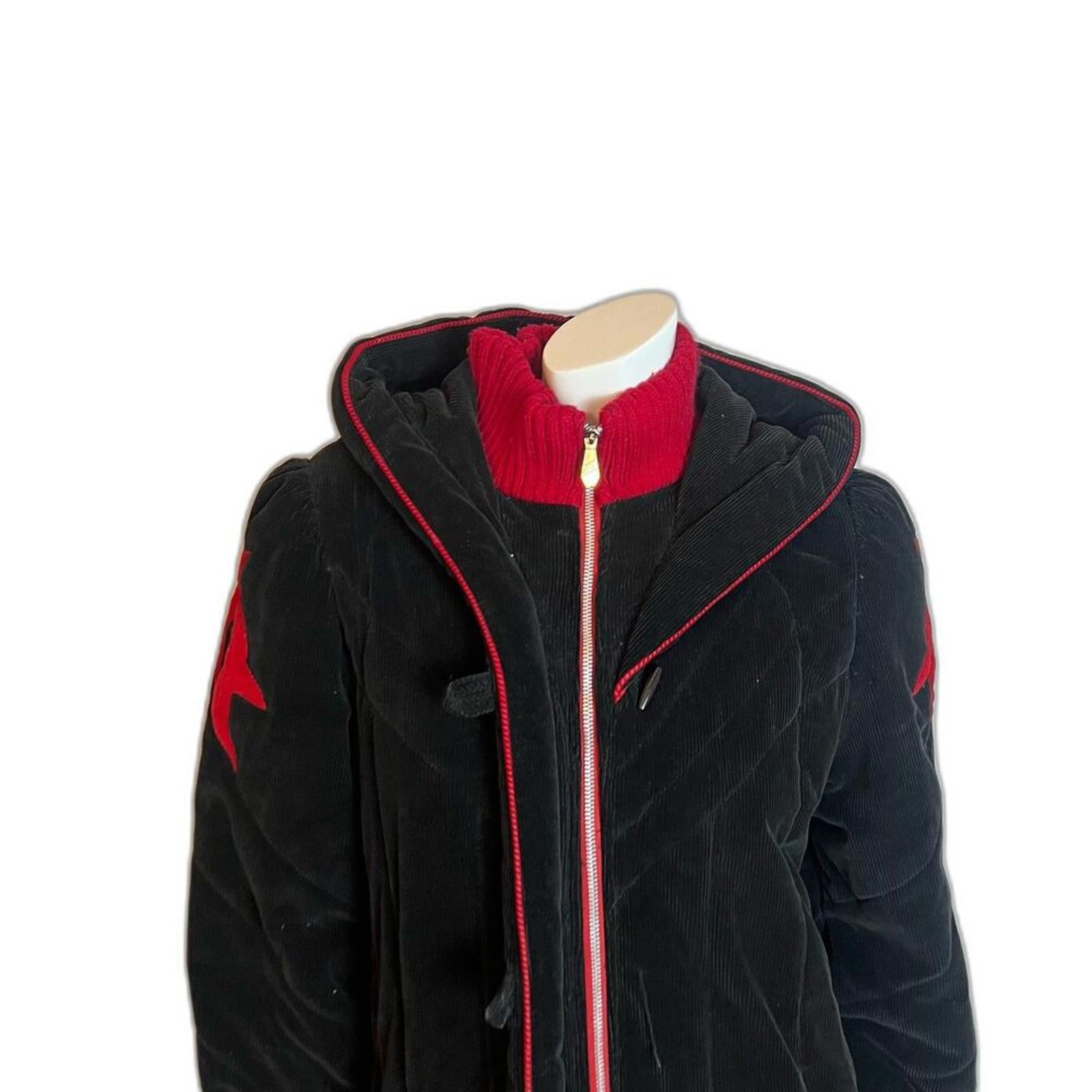 Vintage 1980s Dew-East Black and Red Corduroy Knee Length Jacket Goth Size M