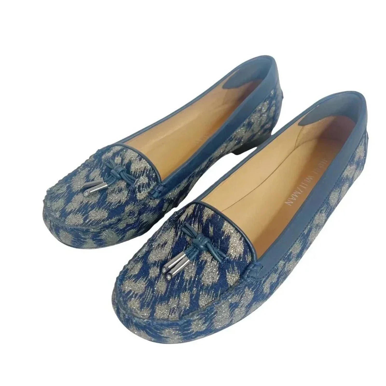 Like New Stuart Weitzman Blue Leather and Gold Glitter Loafer Flats Size 8.5