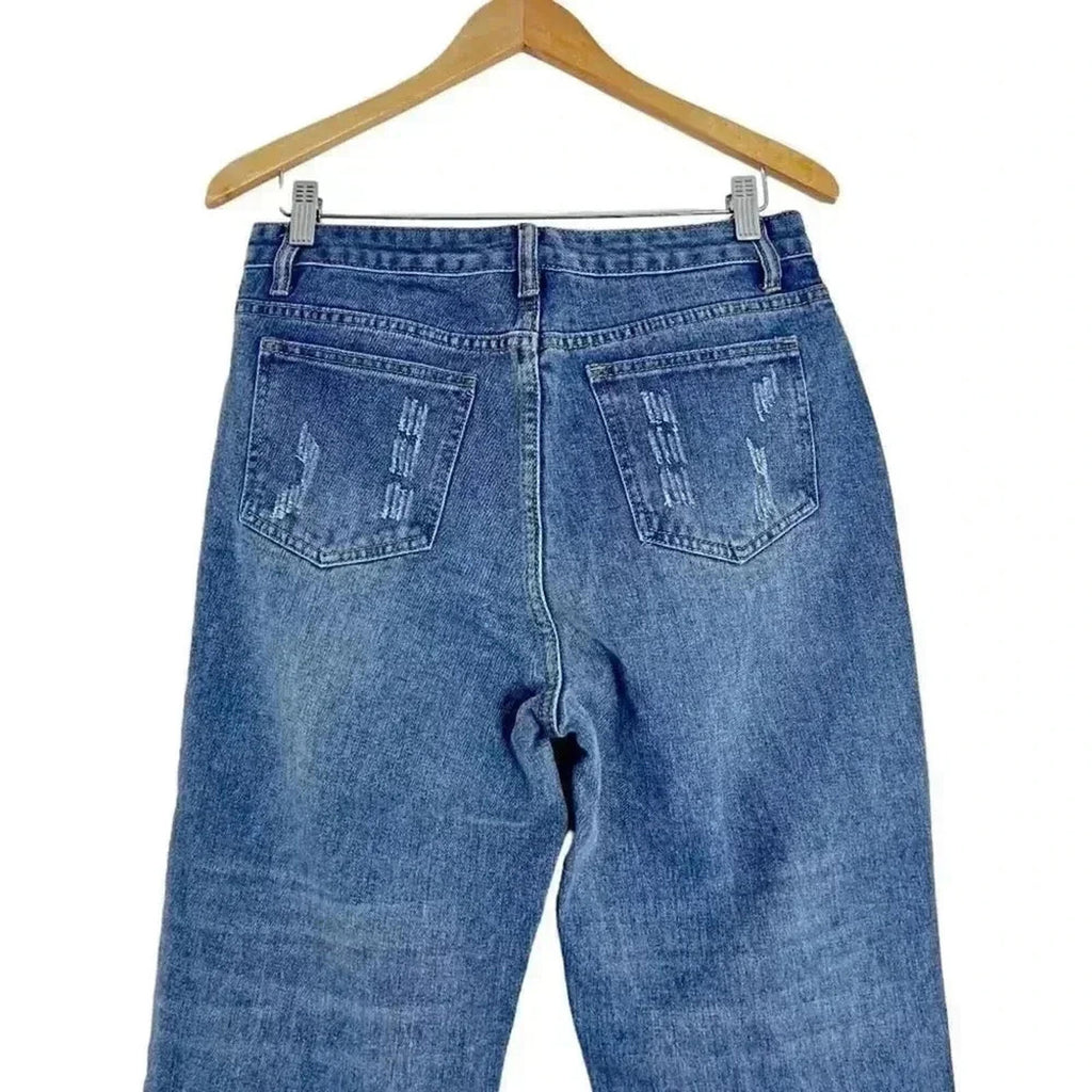 NWOT Distressed High Rise Mom Jeans Straight Leg Medium Wash Women's Size M