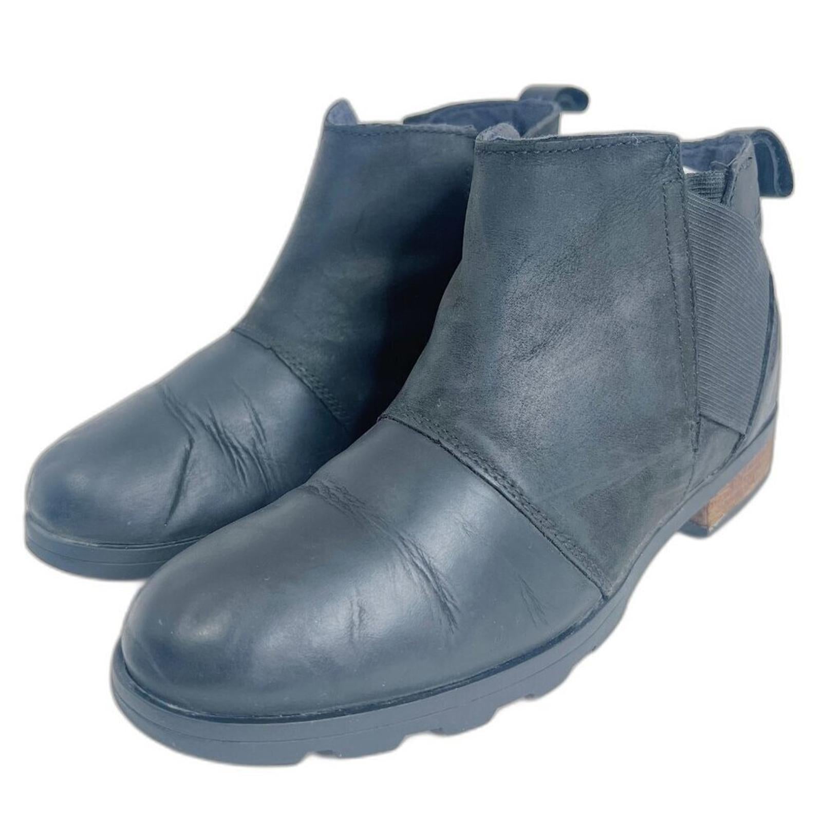 Sorel Emelie H2O Chelsea Boot Black Leather Waterproof Ankle Bootie Size 9