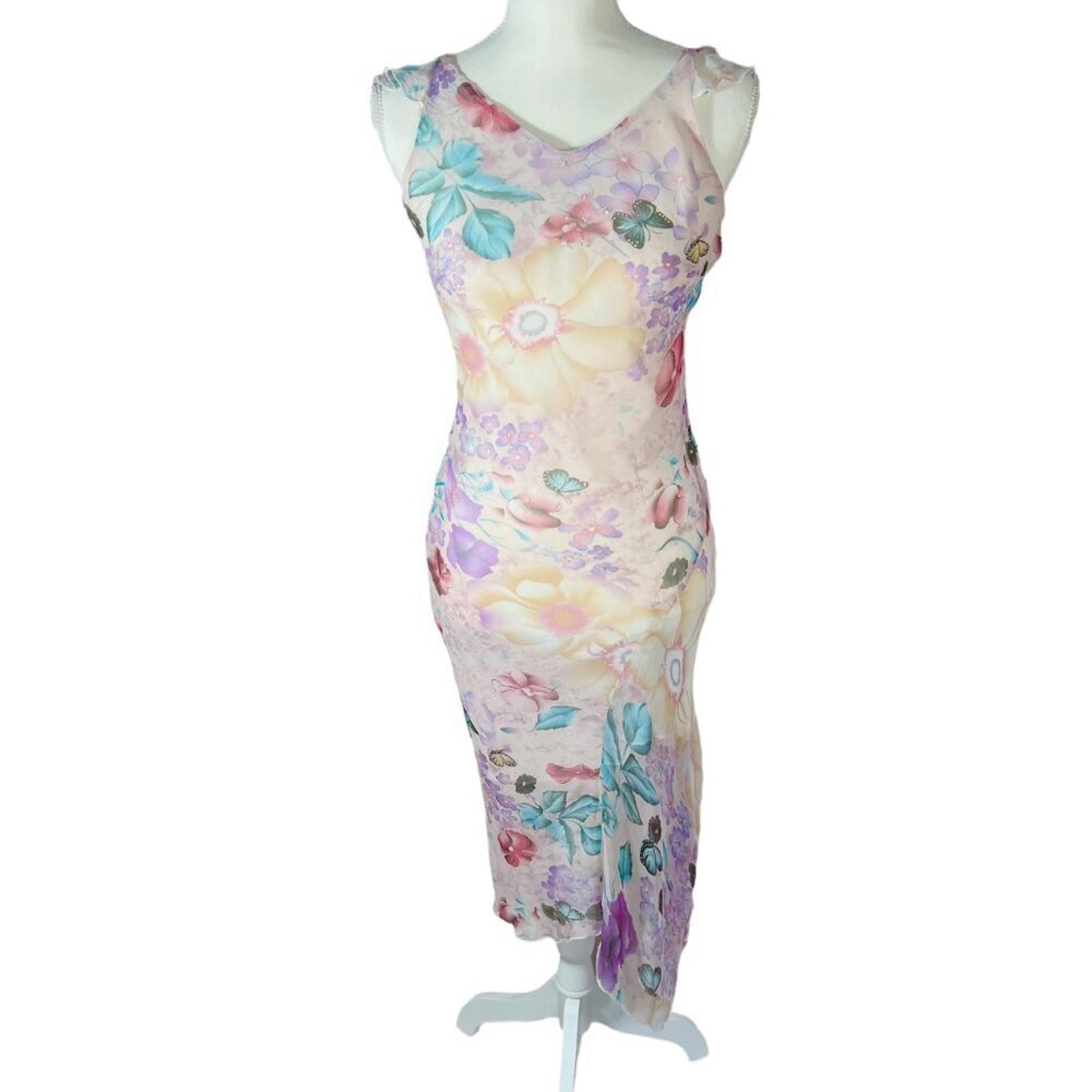 y2k Vintage Yubeier Butterfly Pink Chiffon Asymmetrical Dress Sequins Size M