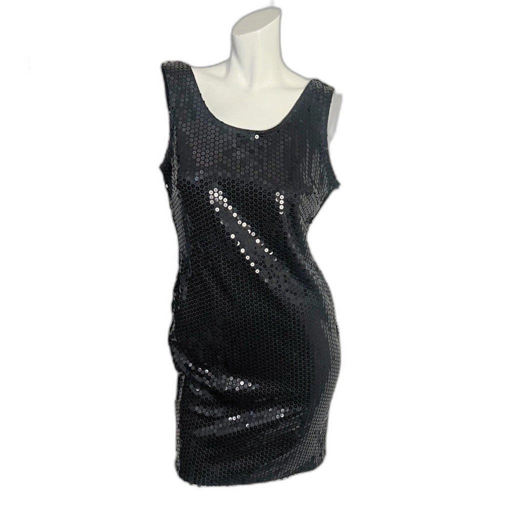 90s Vintage Glenrob Black Sequined Bodycon Dress LBD Women's Size 11-12