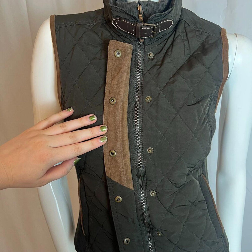 Massimo Dutti Dark Green Quilted Vest Brown Details Punk Steampunk Size S