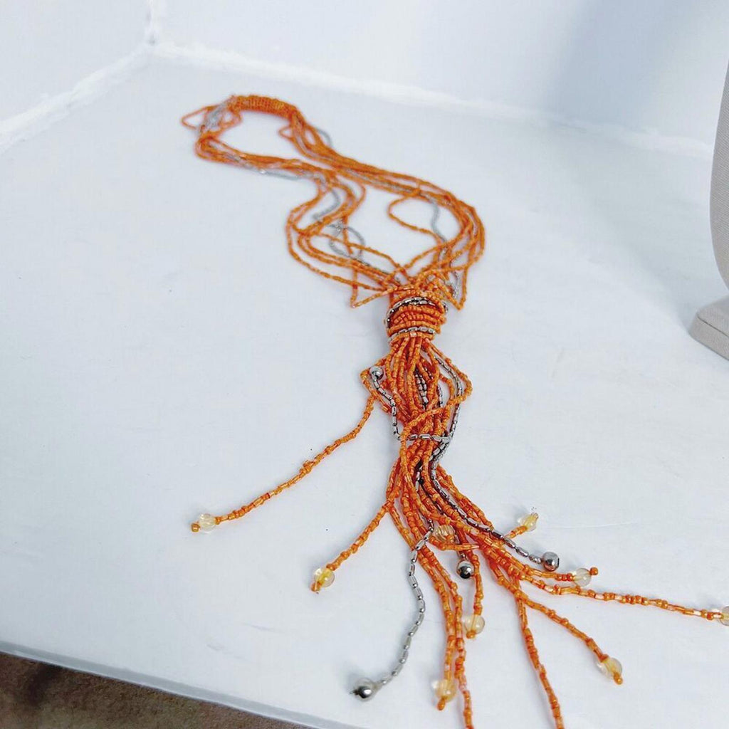 Vintage Orange Beaded Knotted Tassel Necklace Flapper Style Statement