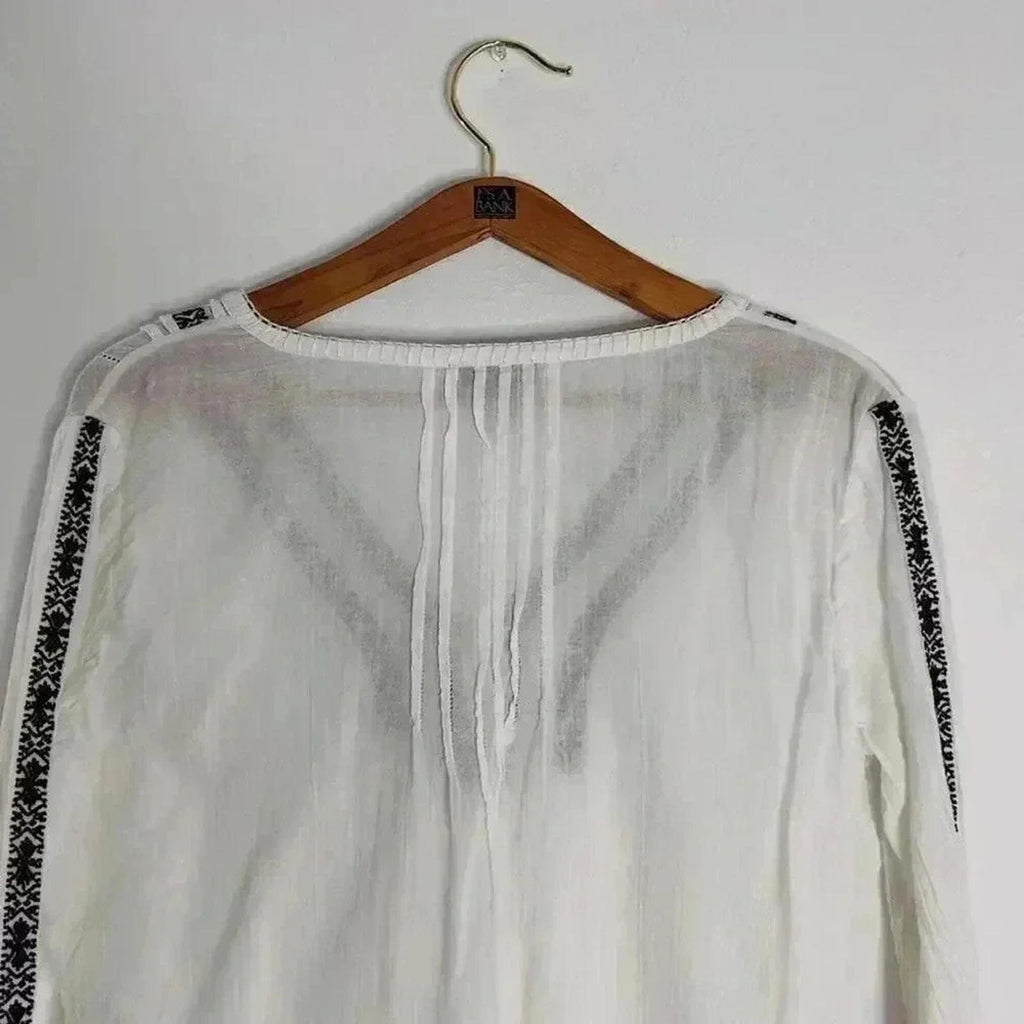 Paige White Blue Embroidered Peasant Blouse Western Country Women's Size M