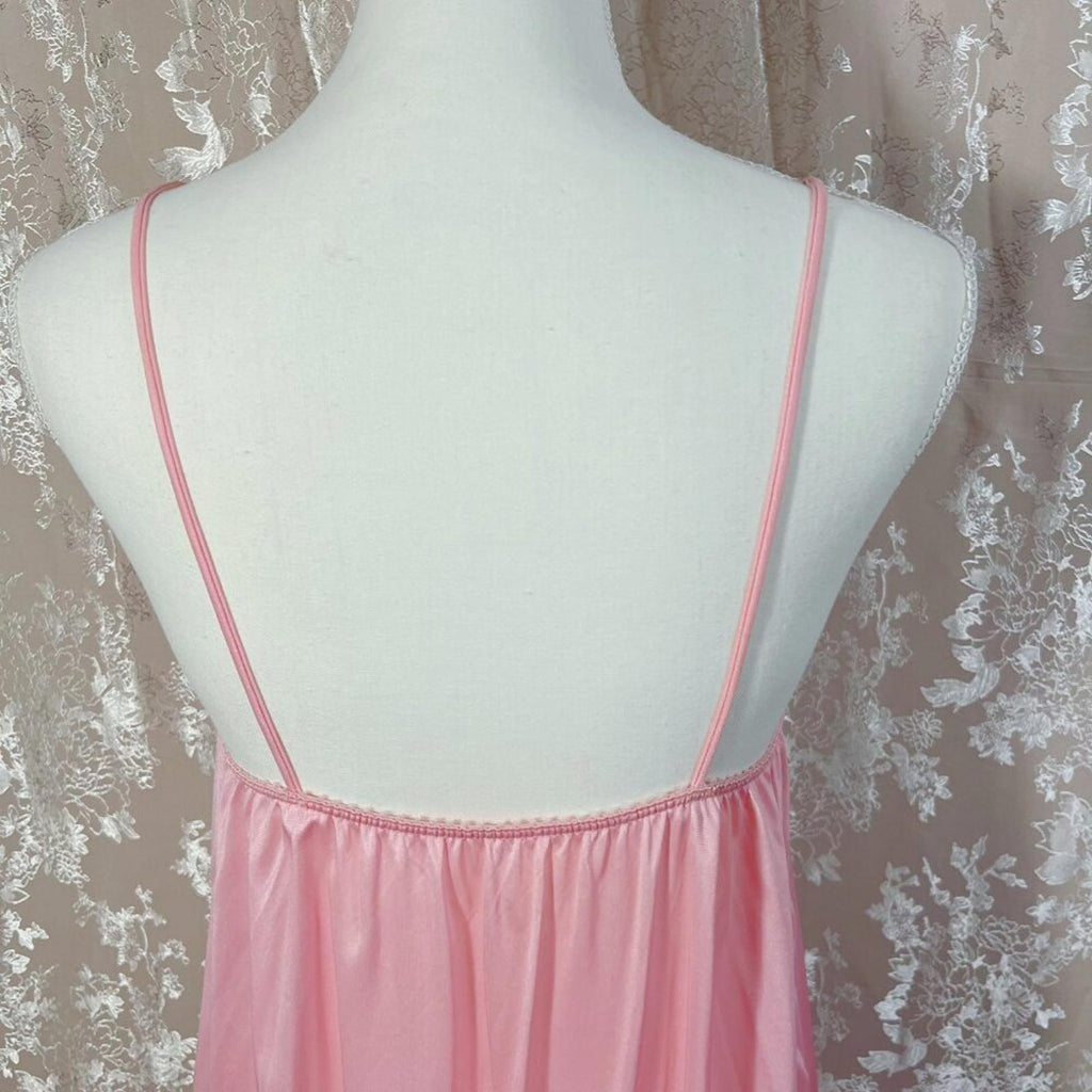 Vintage Flair Lingerie Pink Lace Nightgown Satin Maxi Dress 70s 80s Size M