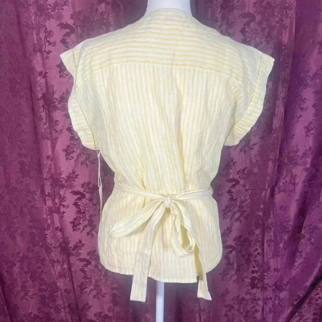 NWT Frame Yellow Striped Linen Wrap Top Women's Size M Summer Beach