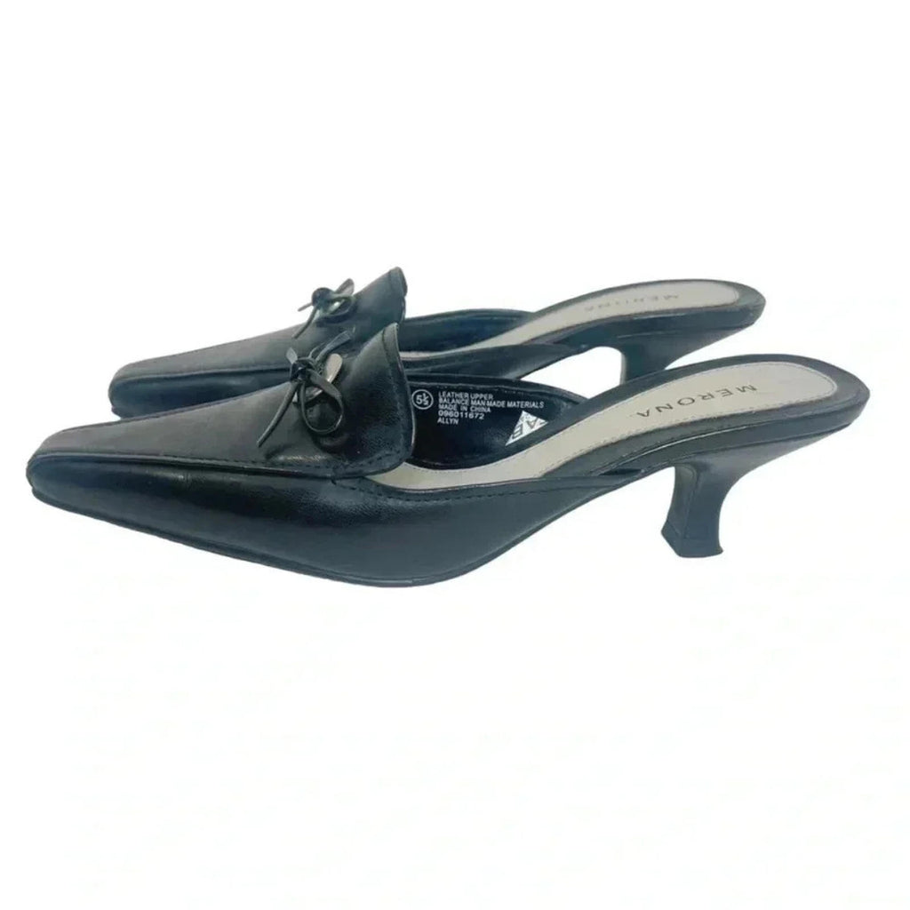 Y2k Merona Allyn Black Leather Kitten Heels Bow Size 5.5