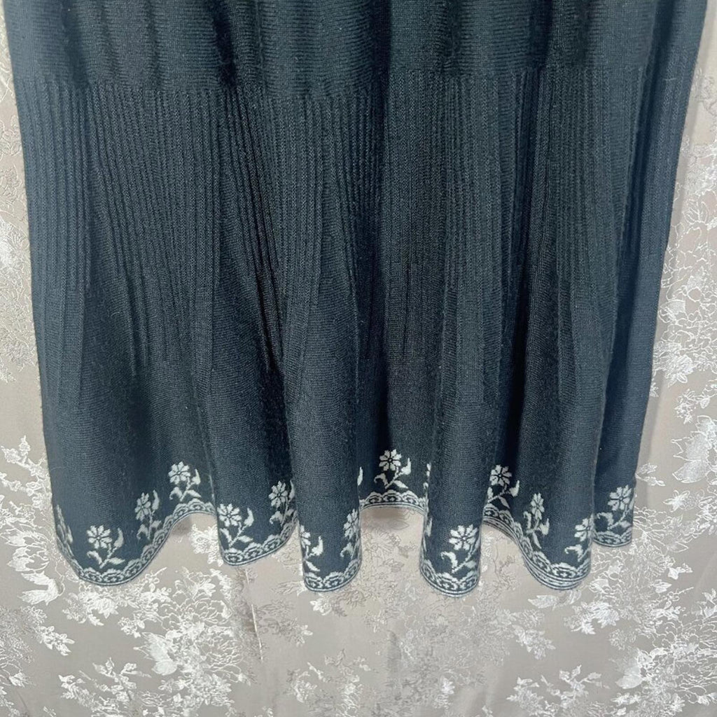 Anthropologie Lapis Black Knit Midi Skirt White Floral Boho Bohemian Size S