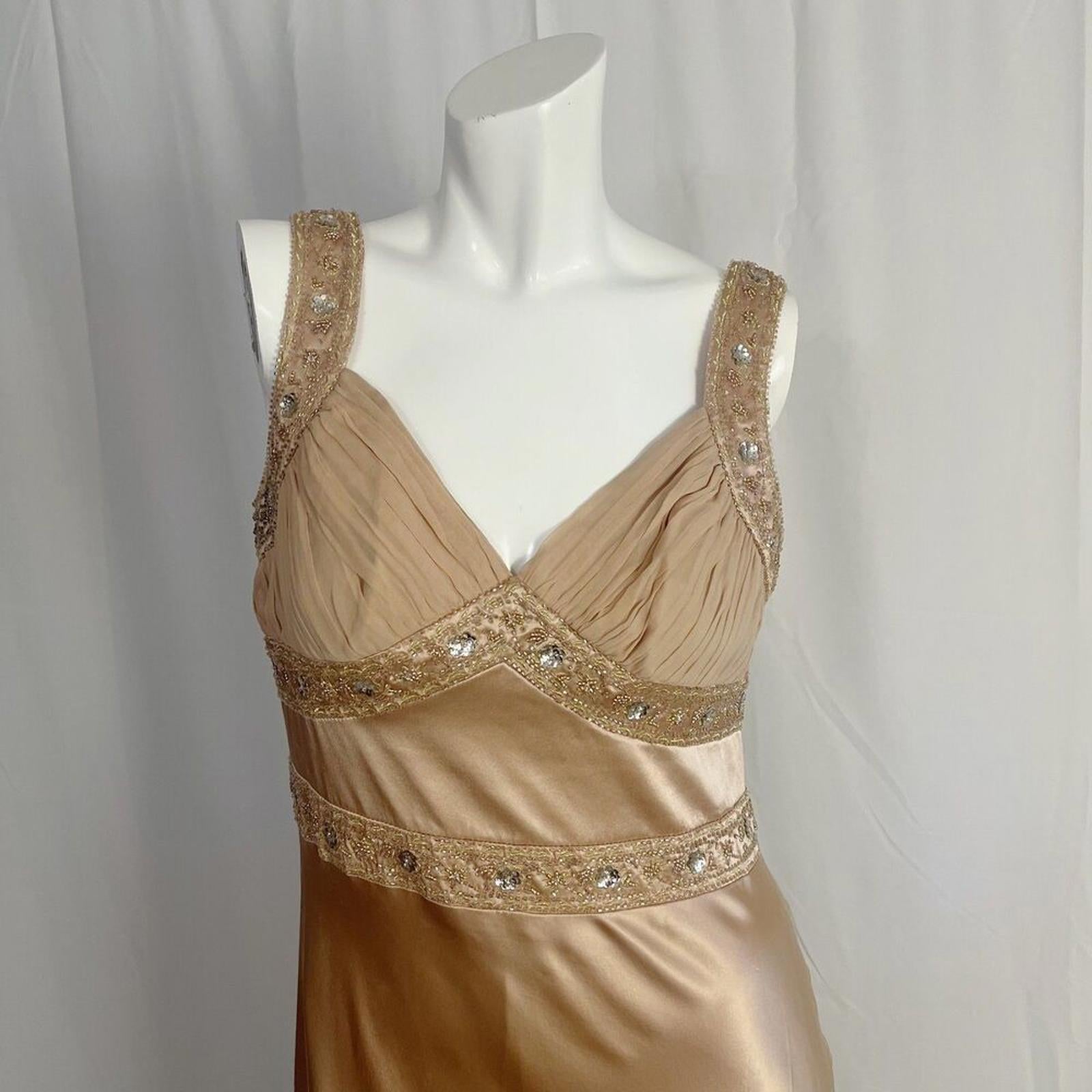 y2k Vintage Silk Dusk Collection Champagne Gold Hand Beaded Evening Gown Size 10