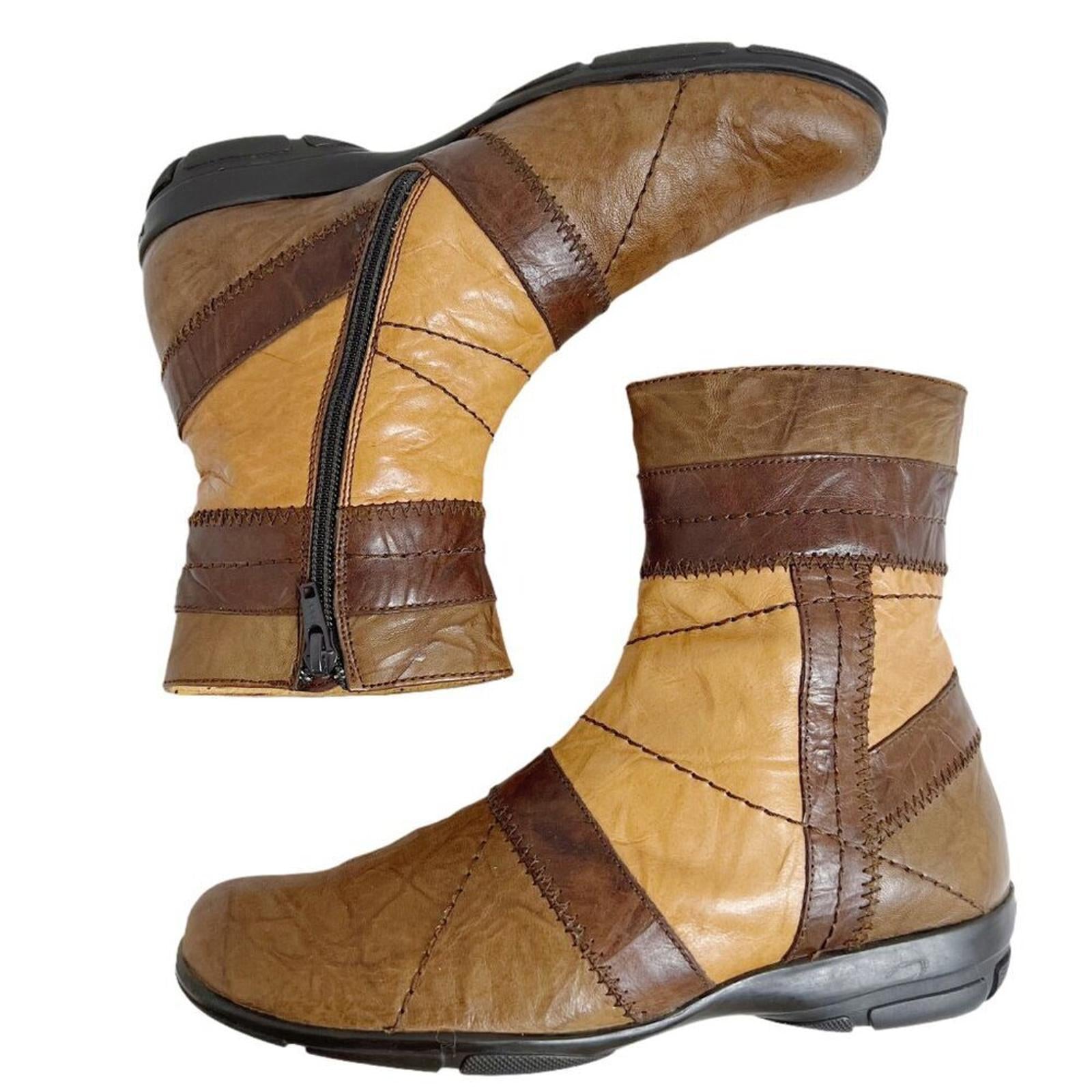 Hispanitas Vintage Patchwork Brown Leather Booties Boots Women's Size 7.5 8