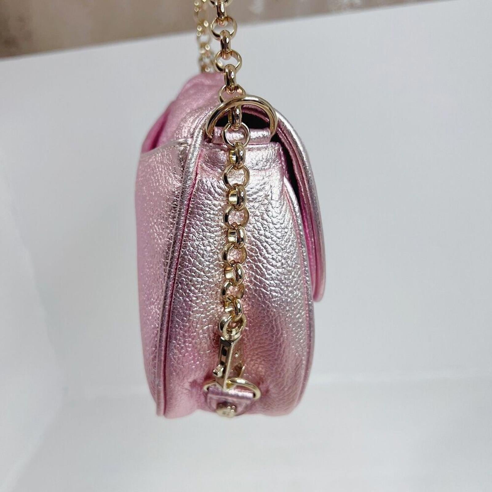 NWOT Eric Javits Pink Metallic Pebbled Leather Crossbody Bag Gold Chain Purse