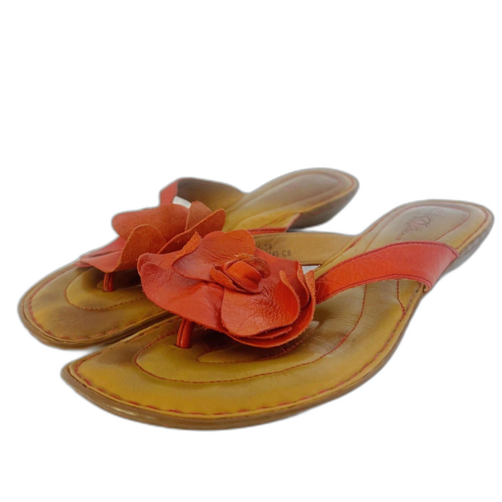 Born Crown Women's Orange Flower Leather Flip Flops Sandals Thongs Size 8
